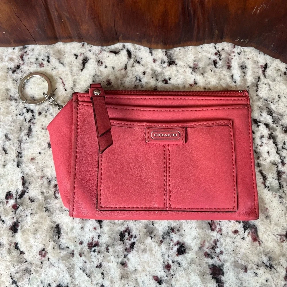 COACH Coral Pink Leather Zip Card Pouch with Key Ring